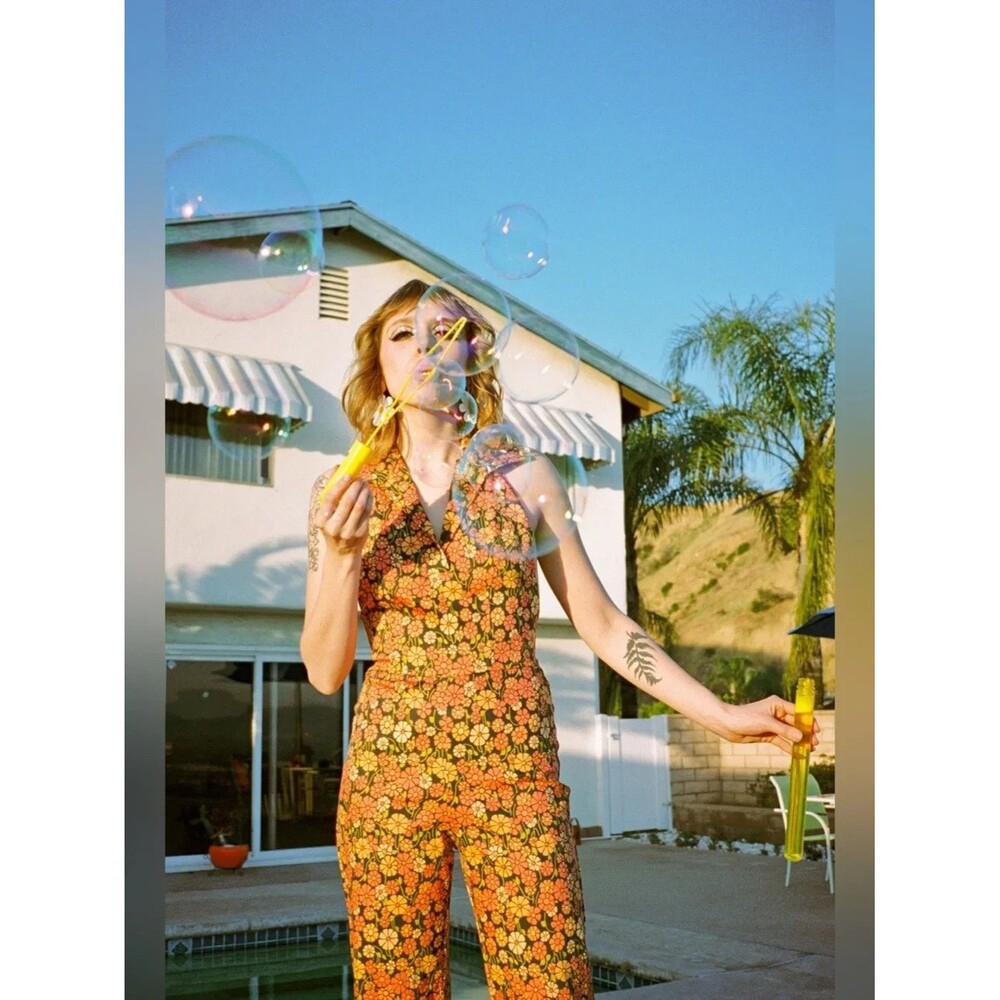 Miracle Eye Cecilia Jumpsuit XL Marigold Floral Halter Orange Yellow Mod